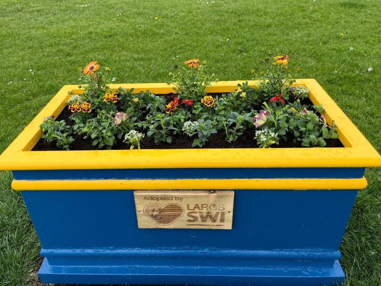 Members of Largs SWI maintaining community flower planters at Cairnies Quay in Largs