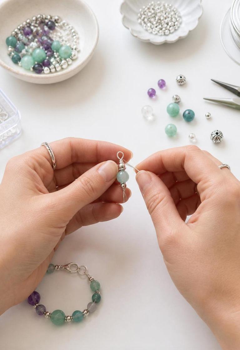 Handmade jewellery displayed for a Largs SWI jewellery making demonstration.